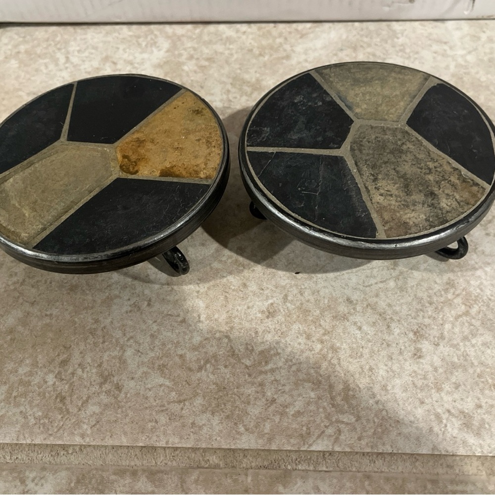 VTG Pier 1 Iron & Mosaic Slate Tile Footed Candle Holder. Good condition-